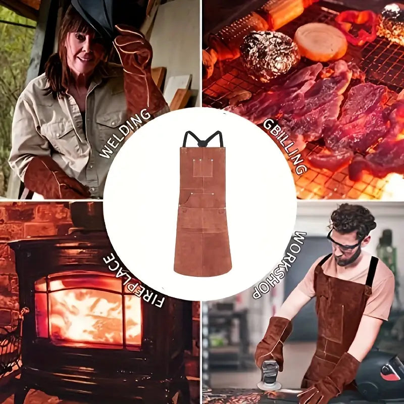 Faux Leather Welding Work Shop Apron With 6 Pockets Heat Flame Resistant Cowhide Welder Apron Heavy Duty Blacksmith Aprons Adjustable For Welders Men Women(Auxiliary)