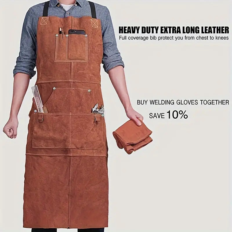 Faux Leather Welding Work Shop Apron With 6 Pockets Heat Flame Resistant Cowhide Welder Apron Heavy Duty Blacksmith Aprons Adjustable For Welders Men Women(Auxiliary)