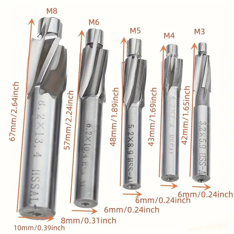 5-Piece High-Speed Steel Countersink Milling Cutters Set, M3-M8 Shank Type Cutter Tools for Metalworking (Auxiliary)